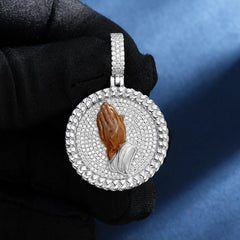 Moissanite Enamel Praying Hands Mens Medallion